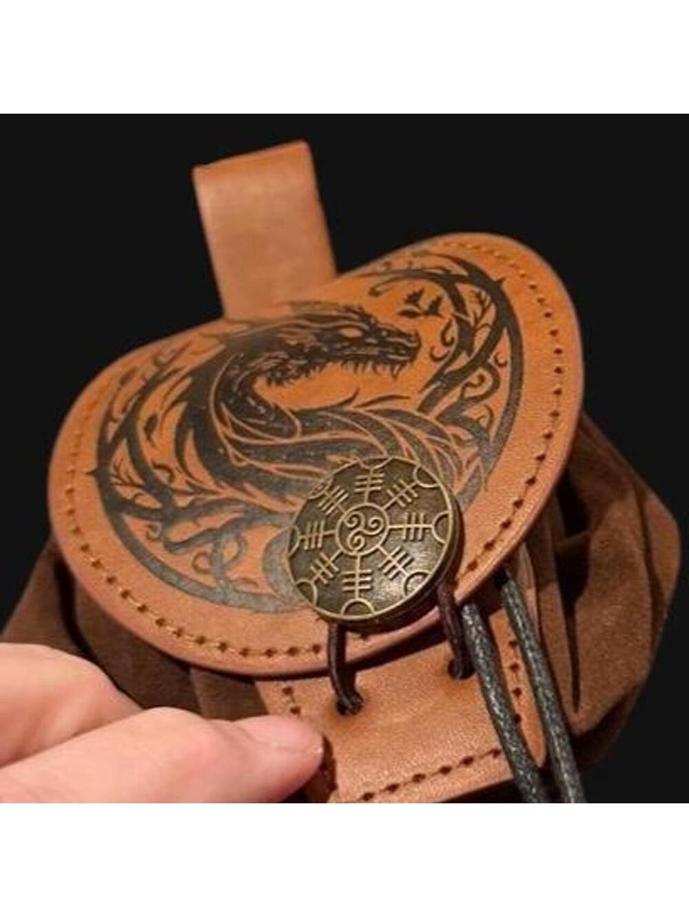 Viking Vegvisir & Dragon Leather Belt Drawstring Pouch Medieval Suede LARP Bag